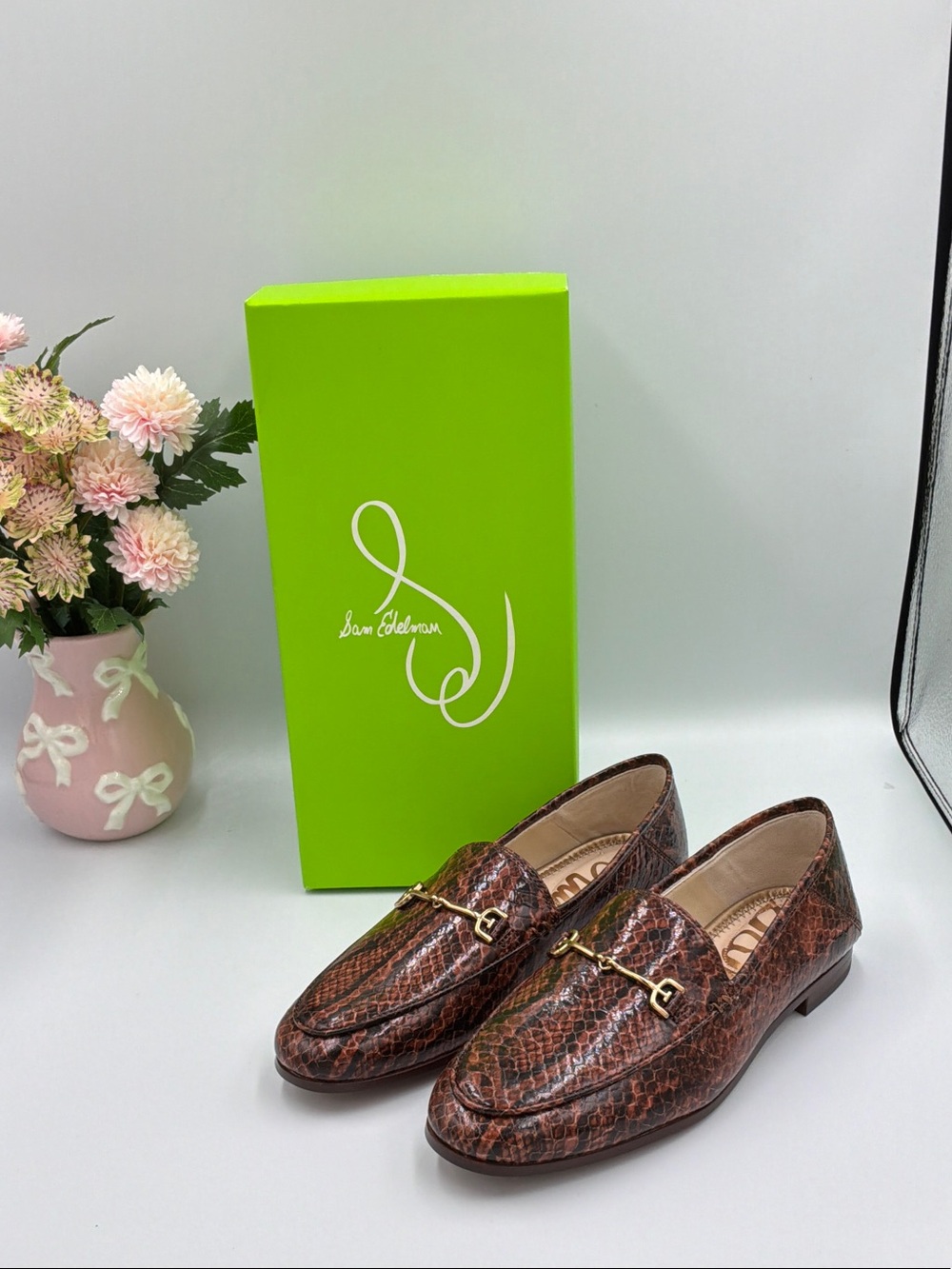 Sam Edelman Brown Snake-Embossed Loafers with Gold Horsebit